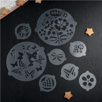 Набор кондитерских трафаретов для украшения выпечки «Букет», 8 шт.: 2 шт.: d=20 см, 6 шт.: d=8 см