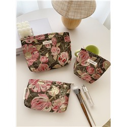 Capacious cosmetic bag, handheld organizer bag to go out, travel bag, liner, with embroidery, flowered, floral print