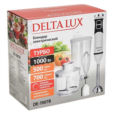 Блендер погружной 1000 Вт DELTA LUX DE-7007B с измельчителем, венчиком, стаканом, белый с черным