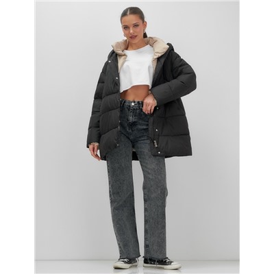 Куртка женская зимняя с капюшоном большого размера черного цвета 1170Ch