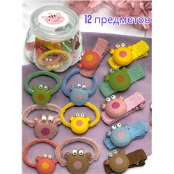 Набор детских аксессуаров для волос премиум 12 предметов (6 резинок, 6 зажимов)