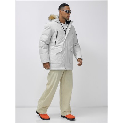 Парка мужская зимняя удлиненная с мехом светло-серого цвета 602_1SS