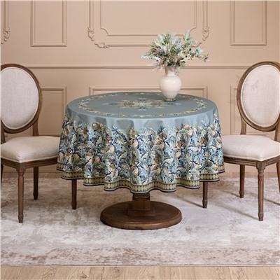 СКАТЕРТЬ КРУГЛАЯ "ЛИСТЬЯ МОРРИСА"190 СМ ,100% ХЛОПОК ,СИНИЙ, ТВИЛ, ПРОПИТКА