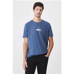 T-shirt bawełniany męski z domieszką elastanu z nadrukiem  kolor niebieski