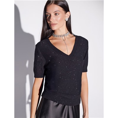 Джемпер с V вырезом и коротким рукавом из хлопковой пряжи с пайетками