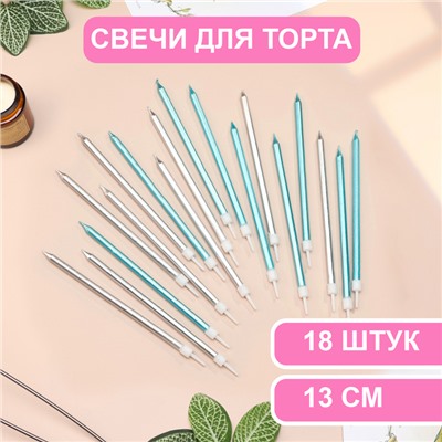 Свечи в торт "Ройс", 13 см, высокие, 18 шт, серебряные и голубые