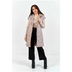 Удлиненный стеганный женский жилет с капюшоном и рукавами, цвет -бежевый