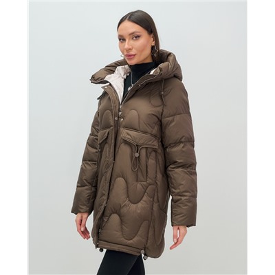 Куртка зимняя женская с капюшоном модная темно-коричневого цвета 7653TK