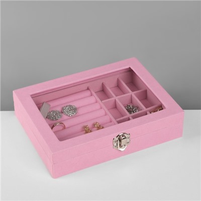 Шкатулка для украшений, 7 полос, 9 ячеек, 20.5×15×5 см, розовая
