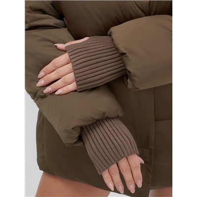 Куртка зимняя женская с мехом и капюшоном тренд горчичного цвета 7658G