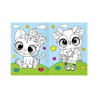 Раскраска с цв. фоном А4, 16 стр., ТРИ СОВЫ "Животные в стиле kawaii"