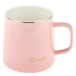 Кружка фарфоровая "Simple" 370мл, д9см h9см, глянцевая глазурь, отводка золотом, деколь с золотом, цвет - розовый, фарфоровая крышка, ложка металл., окрашенный "золото" 13см, д/горла 8см, д/основания 8,5см, в подарочноый коробке (Китай)