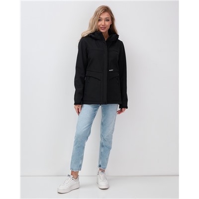 Ветровка спортивная женская с капюшоном softshell черного цвета 9566Ch
