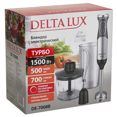 Блендер погружной 1500 Вт DELTA LUX DE-7008B с измельчителем, венчиком, стаканом, черный