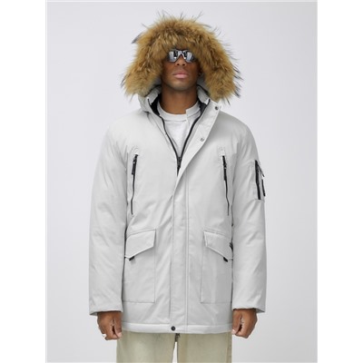 Парка мужская зимняя удлиненная с мехом светло-серого цвета 602_1SS