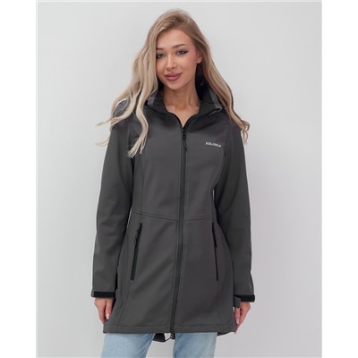 Парка спортивная женская с капюшоном softshell темно-серого цвета 9568TC
