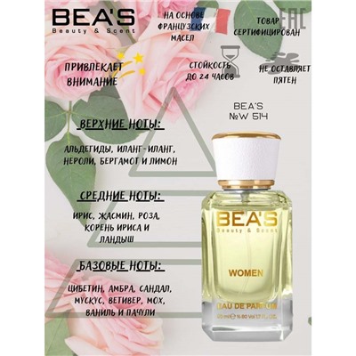 Beas W514 C № 5 Women edp 50 ml, Парфюм женский Beas W514 создан по мотивам аромата C № 5