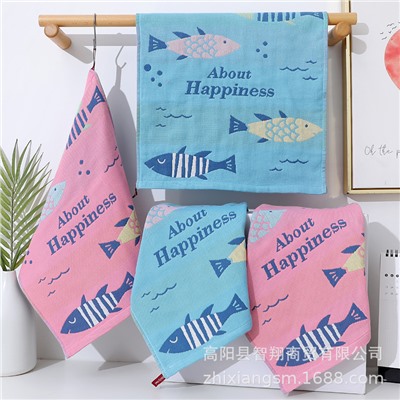 Zhiyang towel New Happy Fish Gauze Square Scarf Korea Soft absorbent kitchen hand towel factory price wholesale