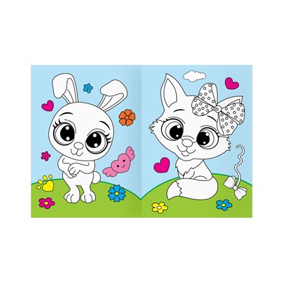 Раскраска с цв. фоном А4, 16 стр., ТРИ СОВЫ "Животные в стиле kawaii"
