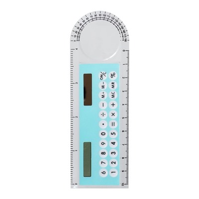 Калькулятор - линейка, 10 см, 8-разрядный, корпус прозрачного цвета, с транспортиром, работает от света, МИКС