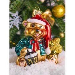 Елочная игрушка стеклянная декорированная "Мишка с фонарём"