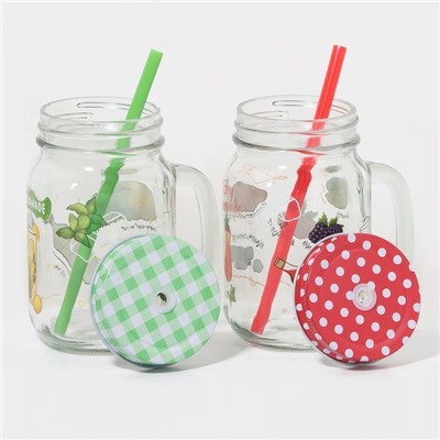 Кружки Доляна «Яркий лимонад», 450 мл, набор 2 шт.: с крышками и трубочками, стекло, прозрачные