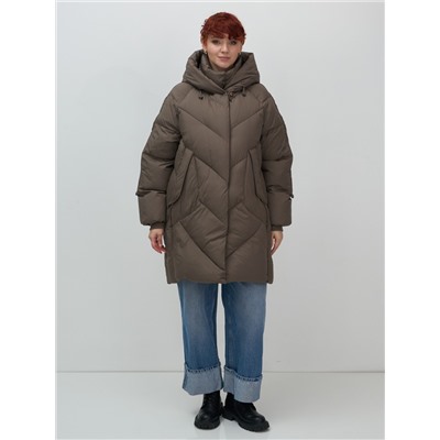 Пальто двубортная зимнее утепленное женское коричневого цвета 7732K