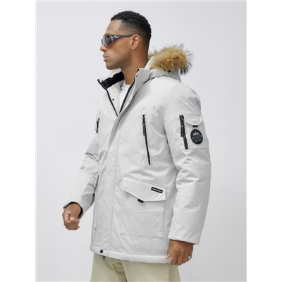 Парка мужская зимняя удлиненная с мехом светло-серого цвета 602_1SS