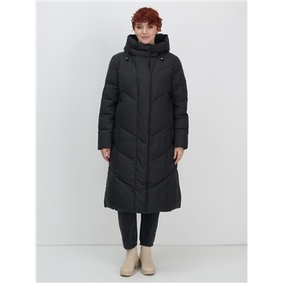 Пальто зимнее утепленное с капюшоном женское черного цвета 7628Ch