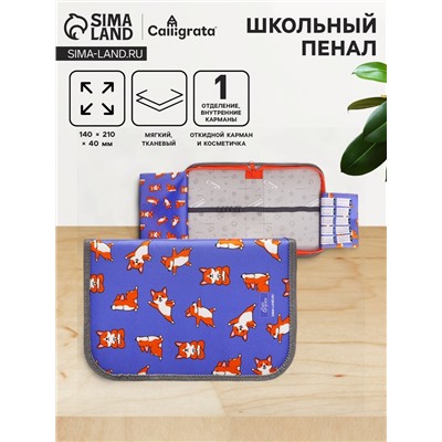 Пенал 1 секция 140 х 210 х 40 мм, откидной карман и косметичка, тканевый, Calligrata TOP Content "Сиба"