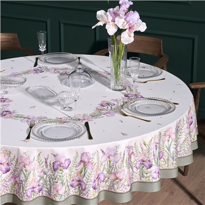 СКАТЕРТЬ КРУГЛАЯ  "ИРИСЫ" ,D220СМ, 100% ХЛОПОК,ТВИЛ C ПРОПИТКОЙ, БЕЛЫЙ