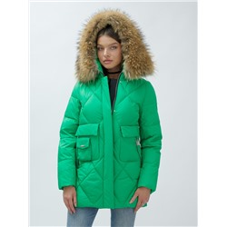 Куртка женская зимняя с мехом енот премиум класса зеленого цвета 3141Z
