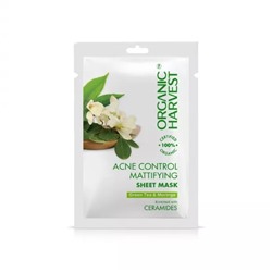 Тканевая матирующая маска от акне Зеленый чай и Моринга (20 г), Acne Control Mattifying Sheet Mask Green Tea & Moringa, произв. Organic Harvest