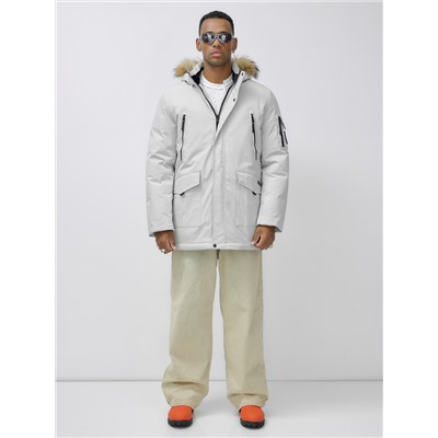 Парка мужская зимняя удлиненная с мехом светло-серого цвета 602_1SS