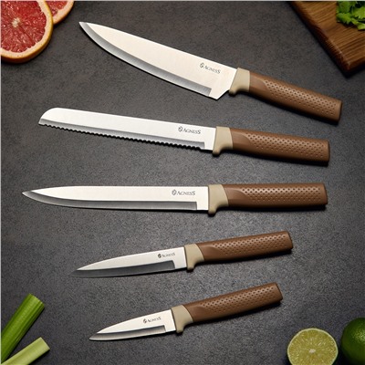 НАБОР AGNESS ИЗ 9ПР: 5 НОЖЕЙ, ПОЛОВНИК, ЛОПАТКА И ШУМОВКА, ВРАЩАЮЩАЯСЯ ПОДСТАВКА