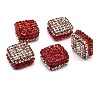 Бусина полимерная со стразами ромб 18*18мм, цв.хрусталь, красный (упаковка 5 штук)