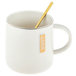 Кружка фарфоровая "Happy" 420мл, д9,2см h9,6см, глянцевая глазурь, отводка золотом, декор с золотом, цвет - белый, фарфоровая крышка, ложка металл., окрашенный "золото" 14,3см, д/горла 8,3см, д/основания 7,7см, в подарочноый коробке (Китай)