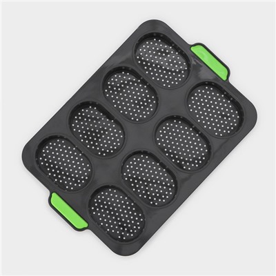 Форма для выпечки с перфорацией «Булочки», силикон, 34.5×23×2.5 см, 8 ячеек (9.5×6.3×2.4 см), чёрная