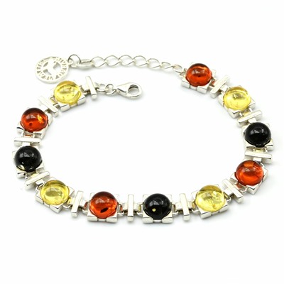 Браслет с янтарем С925 квадратики 8*8мм цв.ассорти, 18,5см, 18,3г