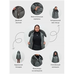 Куртка зимняя женская с мехом и капюшоном тренд темно-серого цвета 7759TC
