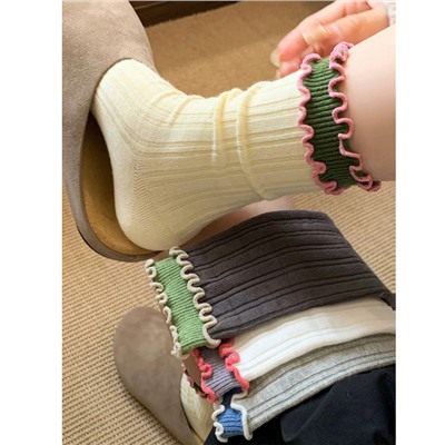 "Cake Series" Contrast Color Wood Earrings Medium Socks Women Ins Dopamine Double Lace Pure Cotton Stack Socks