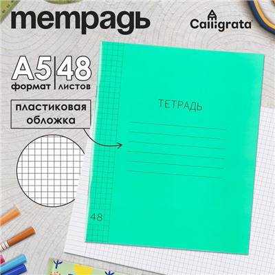 Тетрадь 48 листов в клетку, Calligrata, пластиковая обложка, зелёная
