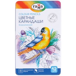 Карандаши цветные Гамма "Классические", 12цв., увелич. диаметр грифеля 3,3мм, заточен., метал. пенал