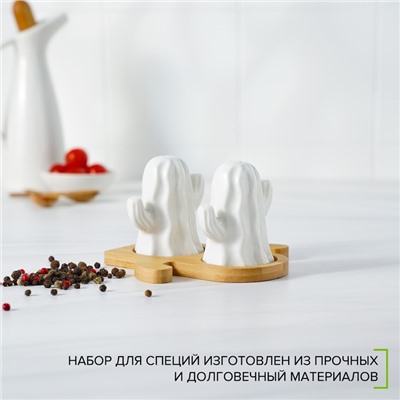 Набор для специй BellaTenero «Кактусы», солонка 75 мл, перечница 75 мл, на бамбуковой подставке, фарфор, белый