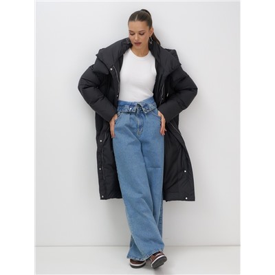 Пальто зимнее утепленное с капюшоном женское черного цвета 7748Ch