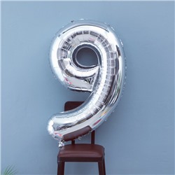Шар фольгированный 40", цифра 9, цвет серебряный