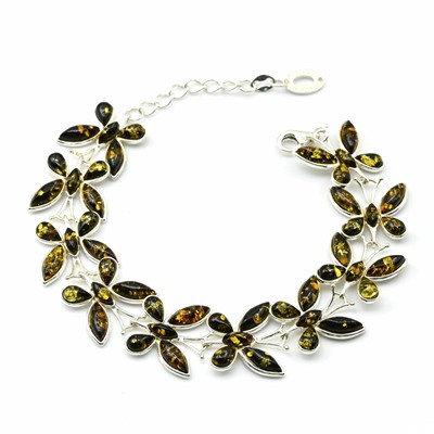 Браслет с янтарем С925 "бабочки" 19*18мм зеленый, 19см, 20г