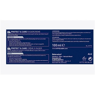 NIVEA MEN Rasiercreme Protect & Care, 100 ml Крем для бритья Protect & Care, 100 мл
