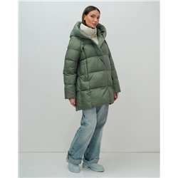 Куртка двубортная женская зимняя с капюшоном цвета хаки 7736Kh