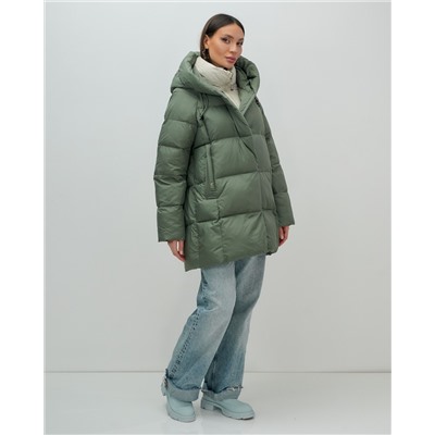 Куртка двубортная женская зимняя с капюшоном цвета хаки 7736Kh